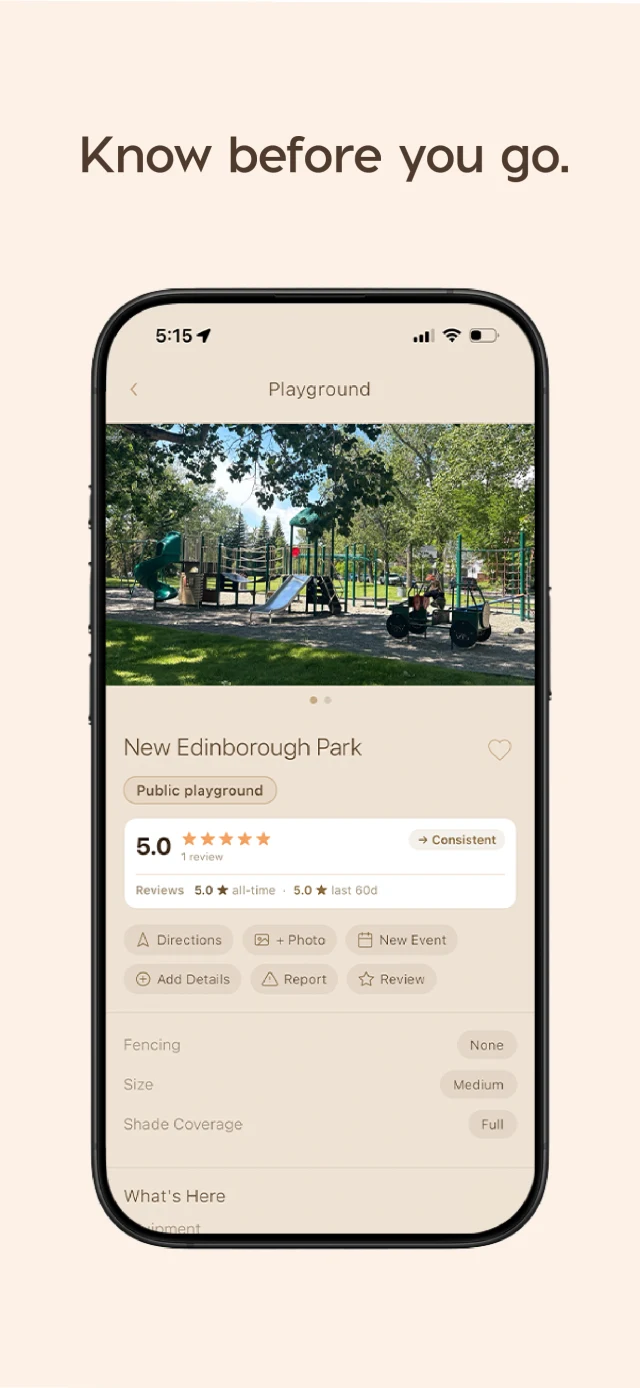 Wander park detail screen for New Edinborough Park: photo, rating, fencing, size and shade coverage.