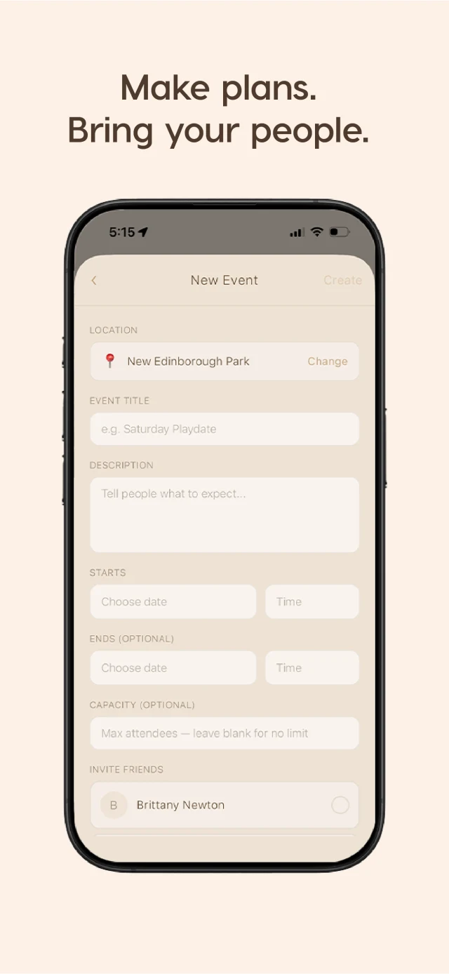 Wander new event screen: choosing a park, a title, a date and time, and inviting friends.